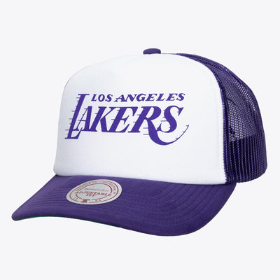 Mitchell & Ness Los Angeles Lakers White/Purple Print It Trucker Adjustable Hat