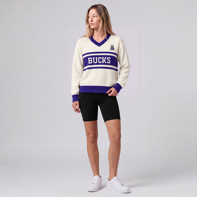 Mitchell & Ness Women's Milwaukee Bucks Cream/Purple Retro Roots V-Neck Sweater