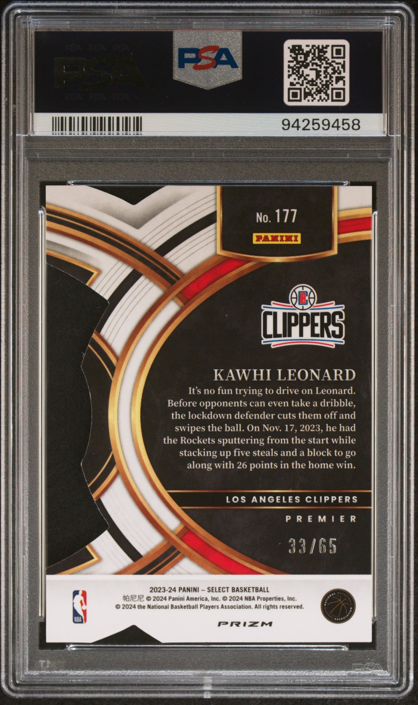 2023 Panini Select Orange Die-Cut Kawhi Leonard /65 #177 PSA 10