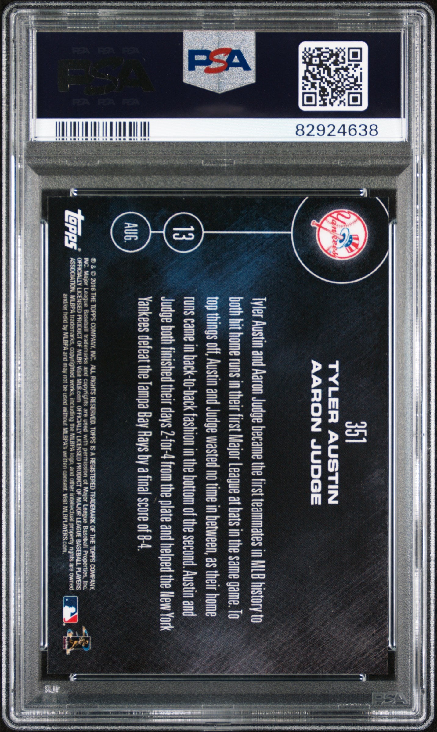 2016 Topps Now #351 Aaron Judge/Tyler Austin PSA 10 JUDGE FIRST MLB AT BAT HR