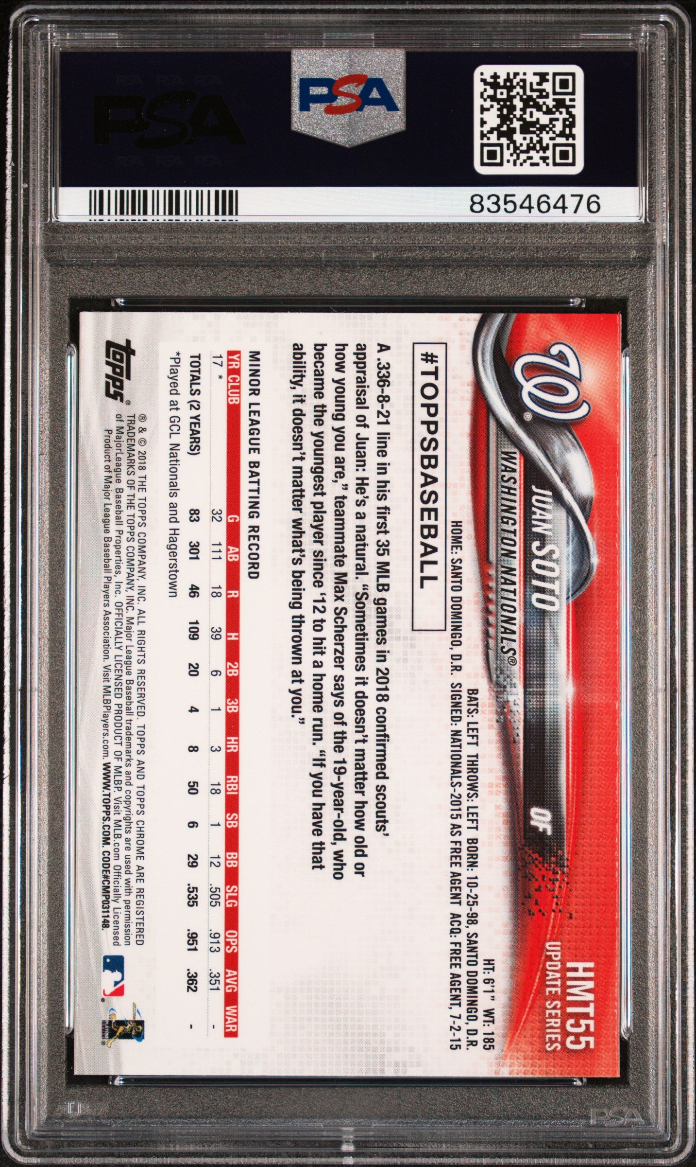 2018 Topps Chrome Update Juan Soto RC #HMT55 Rookie RC PSA 10