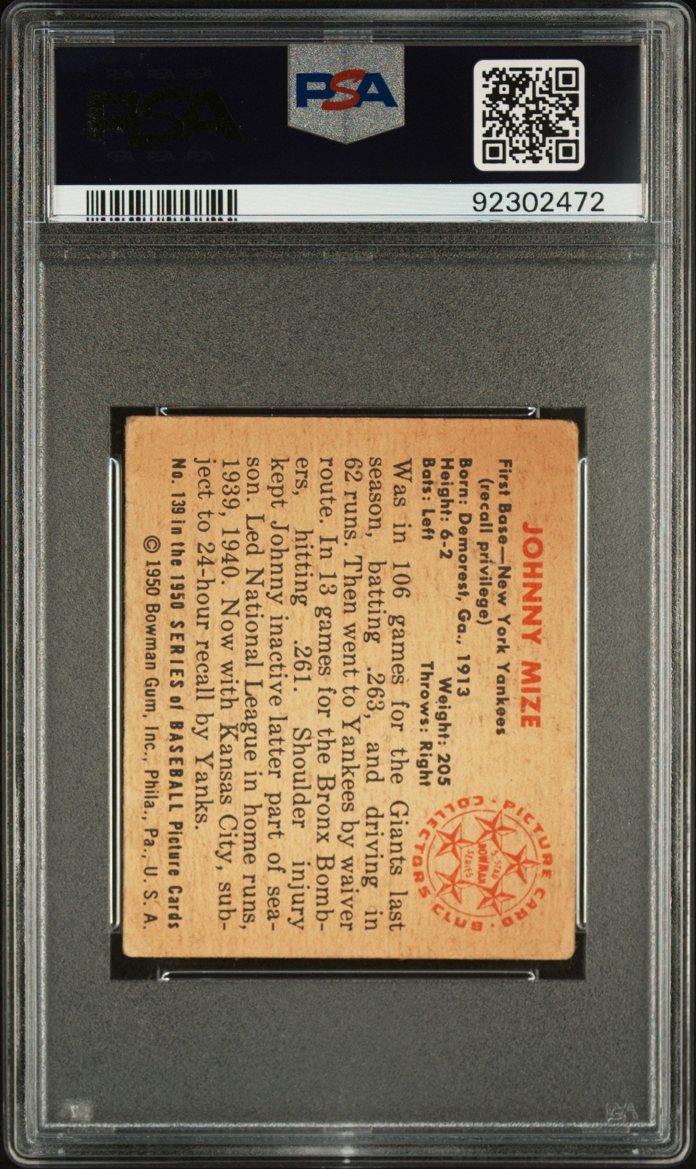 1950 Bowman Johnny Mize #139 PSA 1