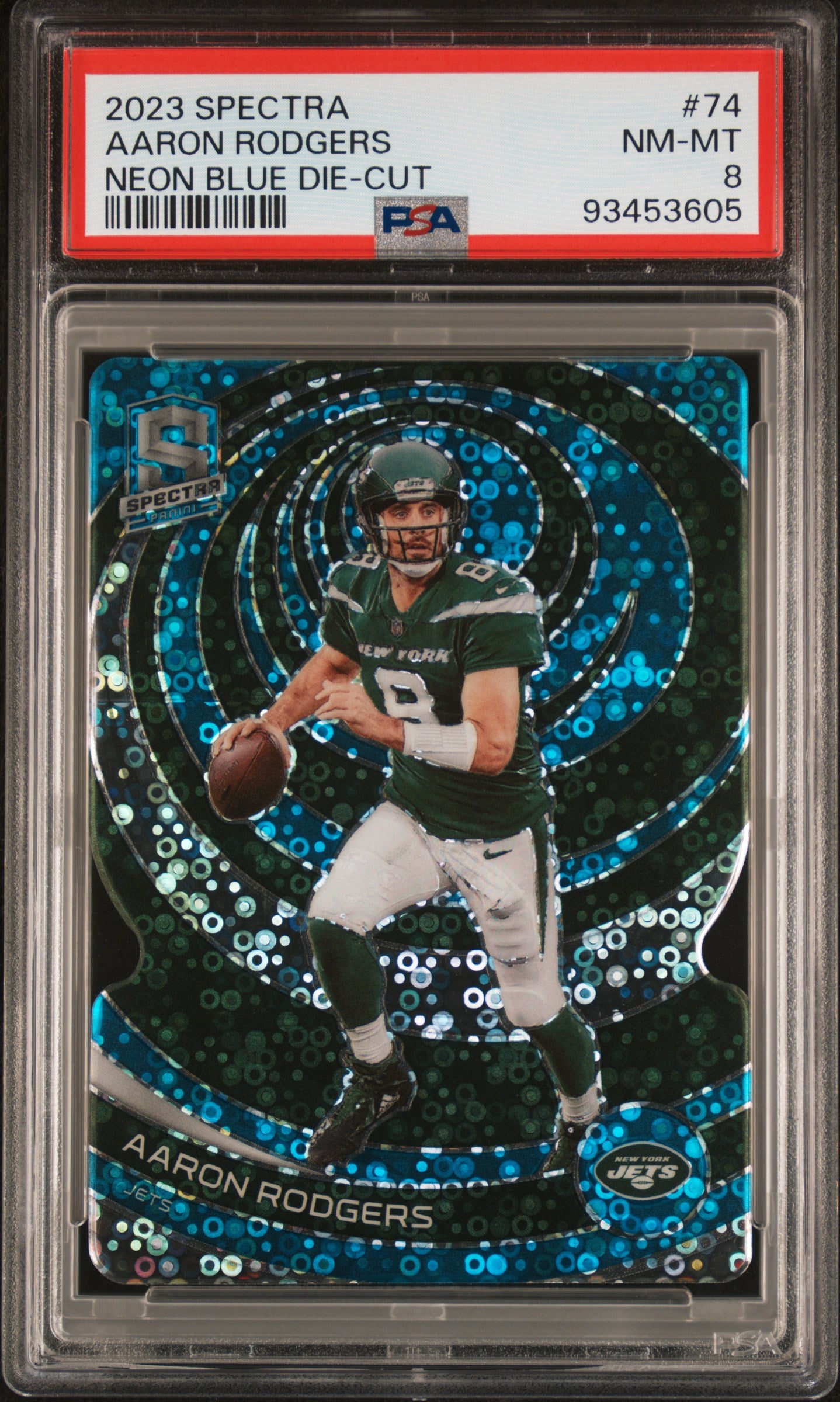 2023 Panini Spectra Neon Blue Die-Cut Aaron Rodgers /50 #74 PSA 8