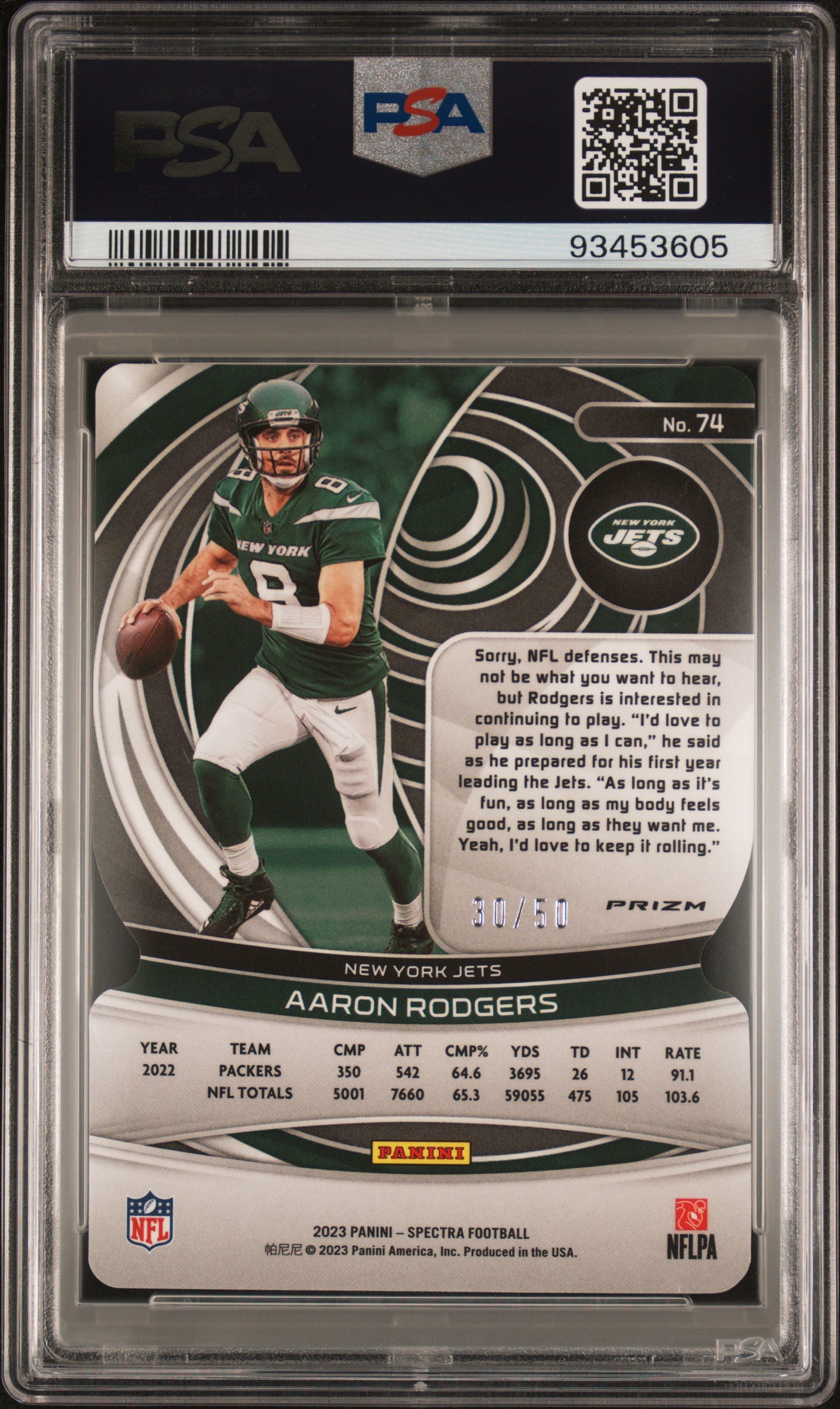 2023 Panini Spectra Neon Blue Die-Cut Aaron Rodgers /50 #74 PSA 8