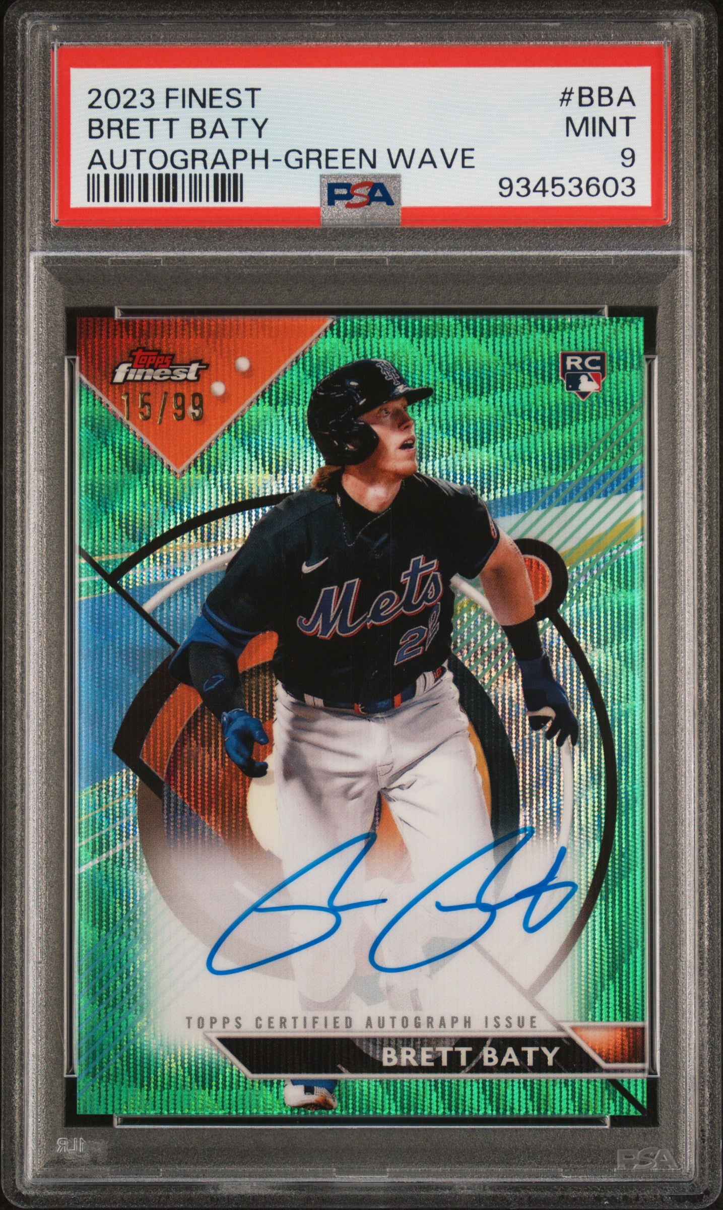 2023 Topps Finest Auto Green Wave Brett Baty Rookie /99 RC #BBA PSA 9