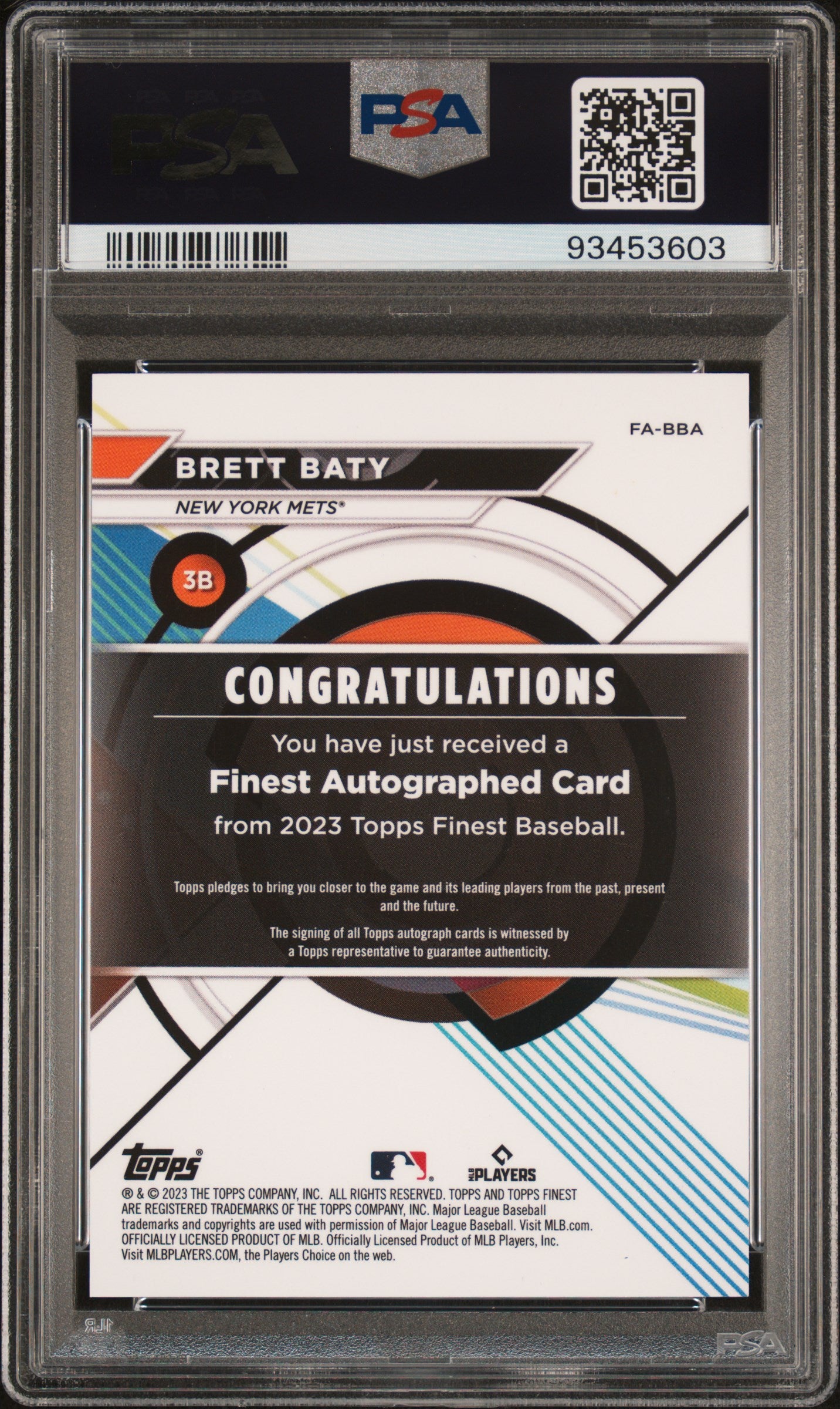 2023 Topps Finest Auto Green Wave Brett Baty Rookie /99 RC #BBA PSA 9