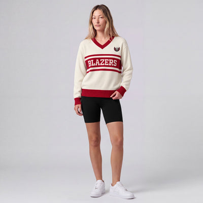Mitchell & Ness Women's Portland Trail Blazers Cream/Red Retro Roots V-Neck Sweater