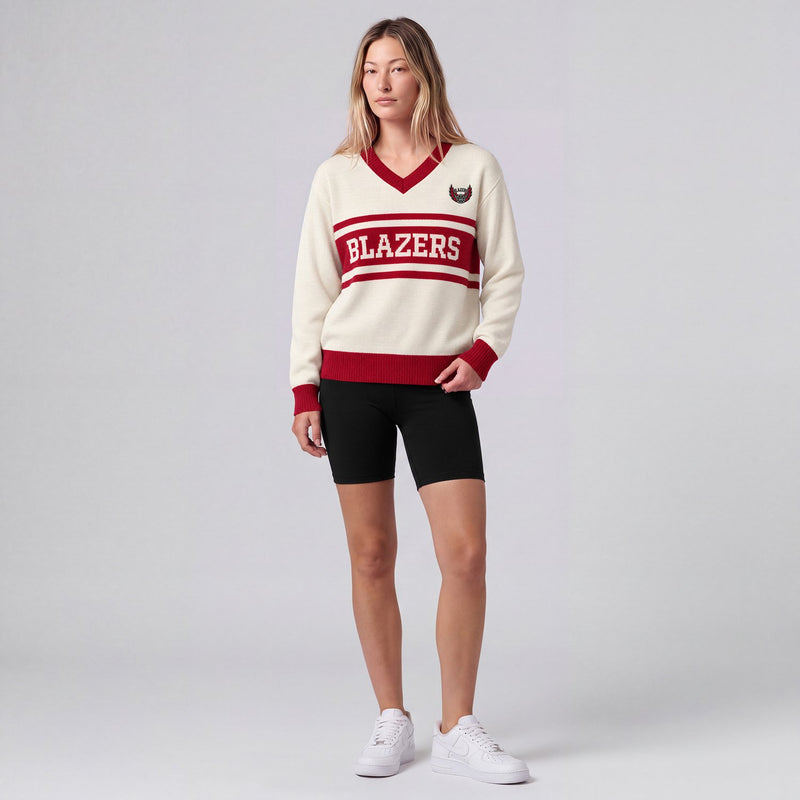 Mitchell & Ness Women's Portland Trail Blazers Cream/Red Retro Roots V-Neck Sweater