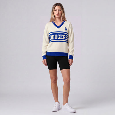Mitchell & Ness Women's Los Angeles Dodgers Cream/Royal Retro Roots V-Neck Sweater