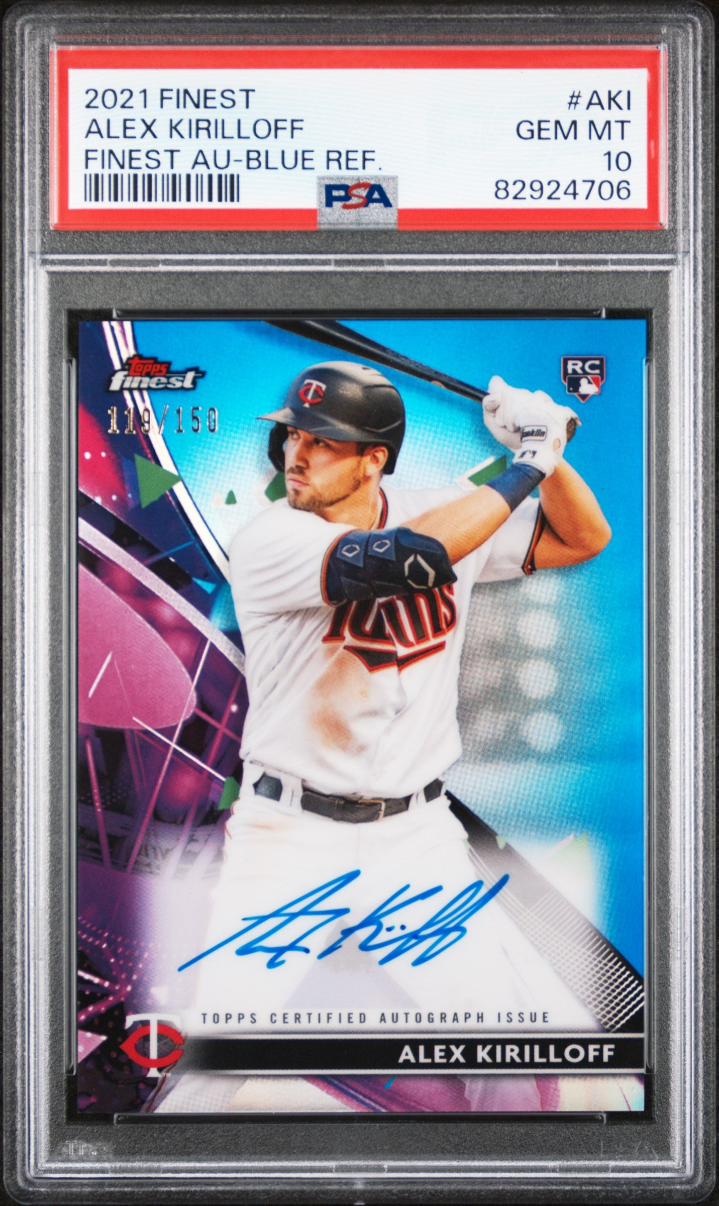 2021 Topps Finest Alex Kirilloff Finest Autographs Blue Refractor /150 PSA 10 RC