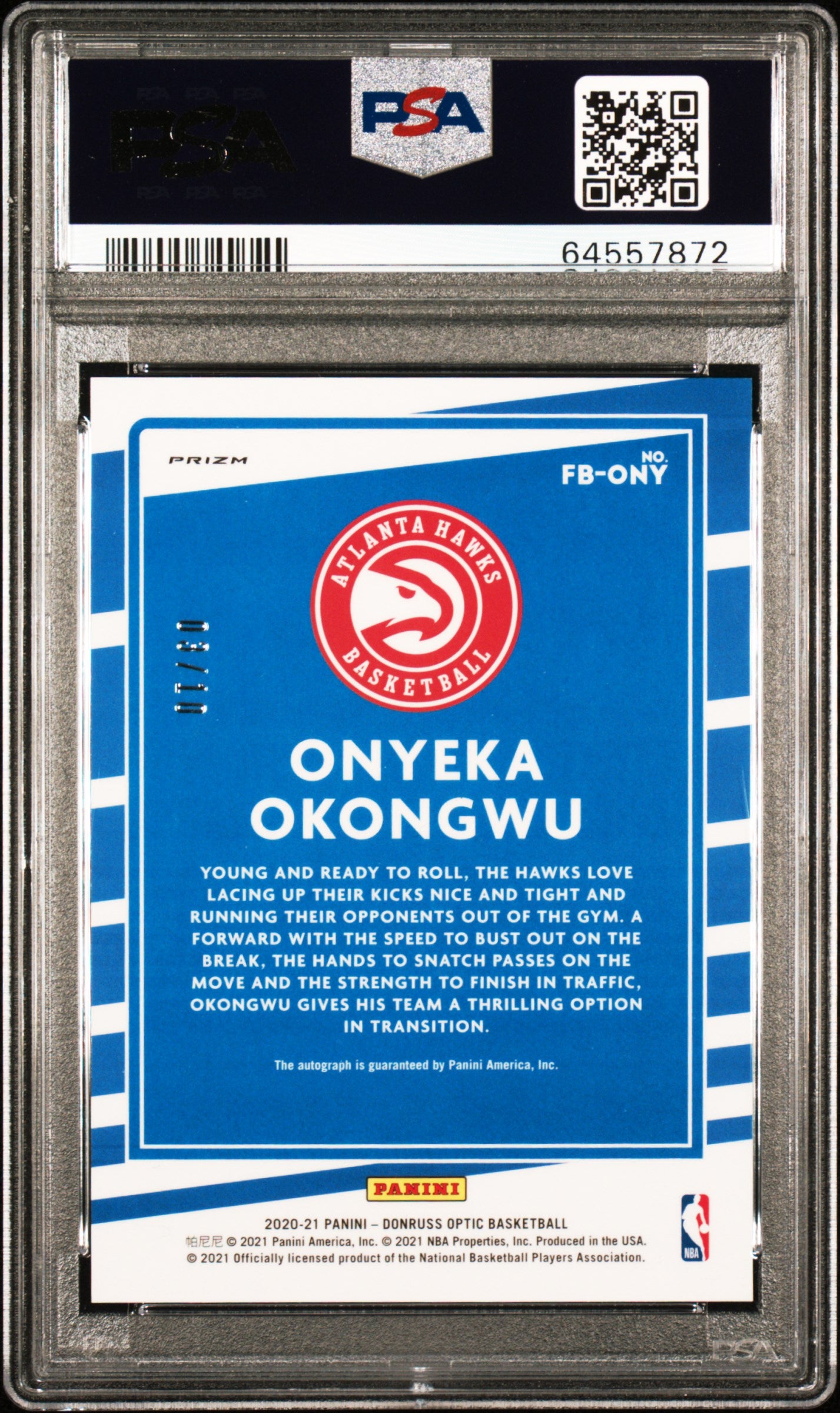 2020 Donruss Optic Fast Break Gold Onyeka Okongwu #FBONY RC Auto /10 PSA 9 Auto 10