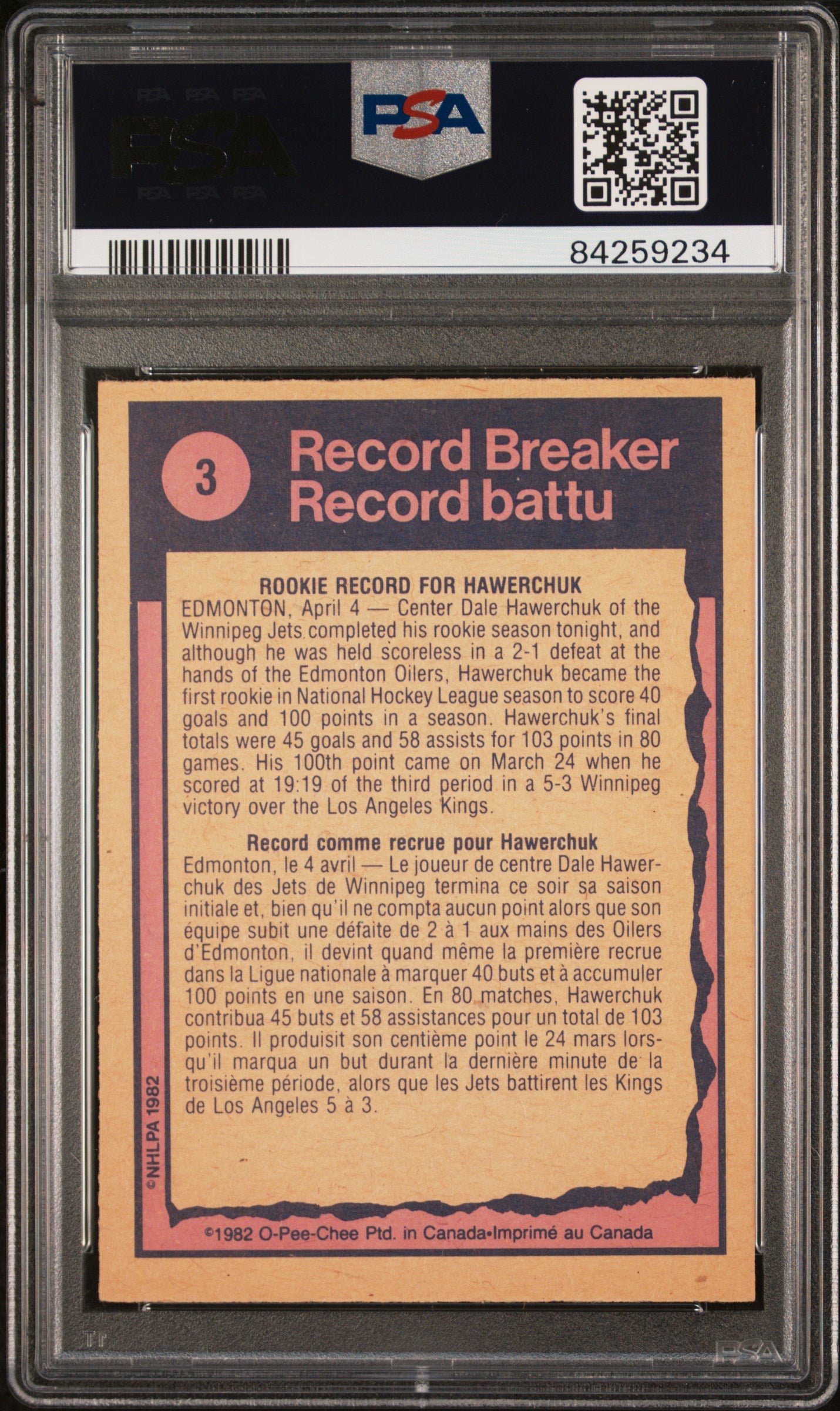 1982 O-Pee-Chee Record Breaker Dale Hawerchuk #3 PSA 8