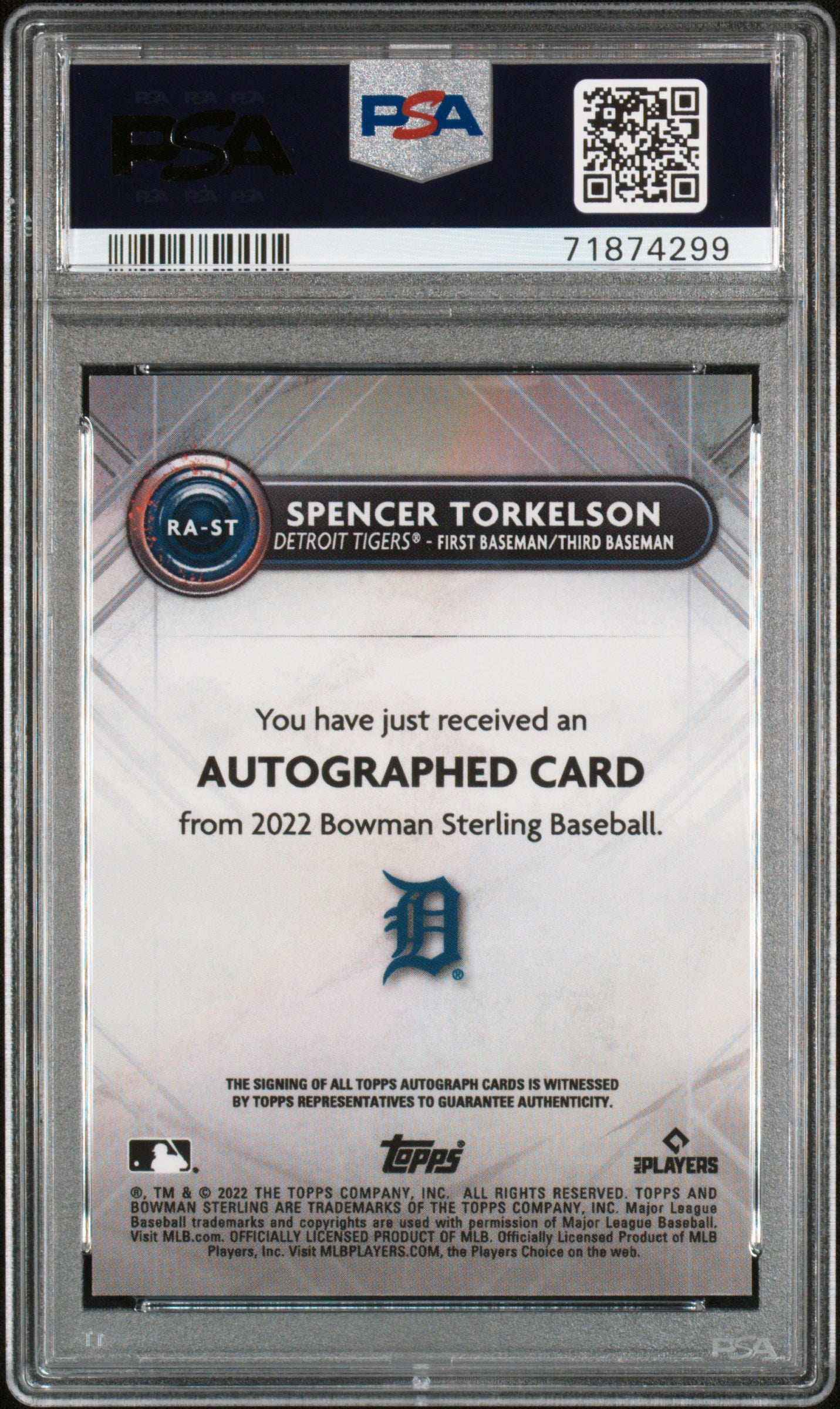 2022 Bowman Sterling Rookie Autographs Spencer Torkelson RC #RAST PSA 10