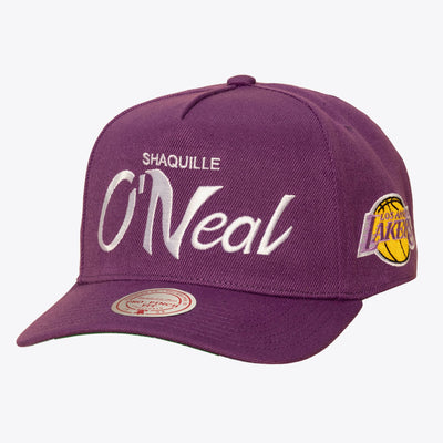 Mitchell & Ness Shaquille O'Neal Los Angeles Lakers Purple Hardwood Classics Player Script Pro Pinch Snapback Hat