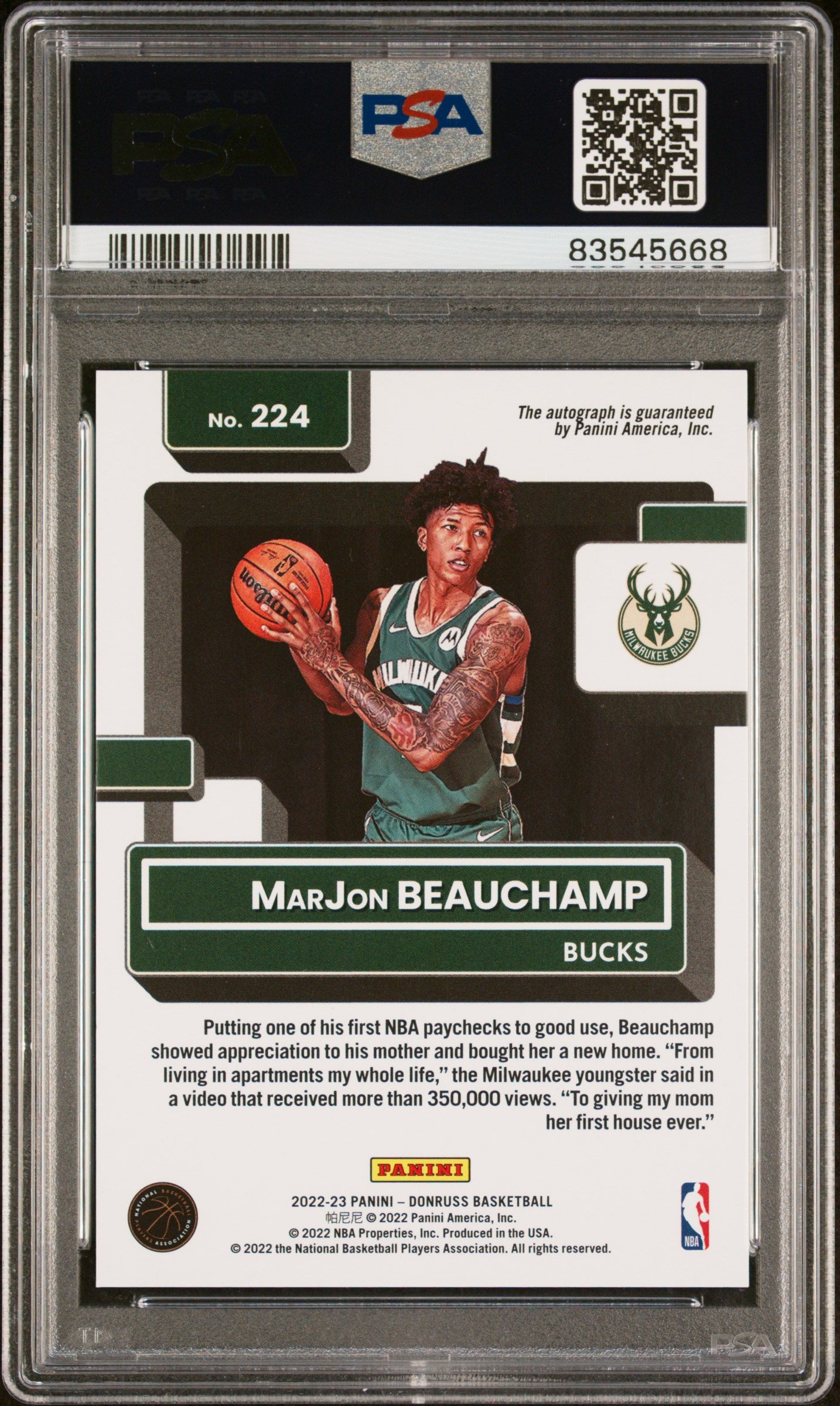 2022 Panini Donruss #224 Marjon Beauchamp Rated Rookie Signature-Red Holo Laser PSA 10