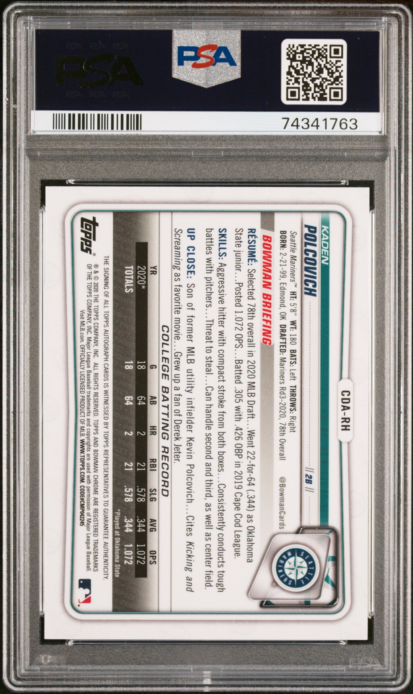 2020 Bowman Chrome Draft Picks Auto Kaden Polcovich Black Refractor /75 PSA 10