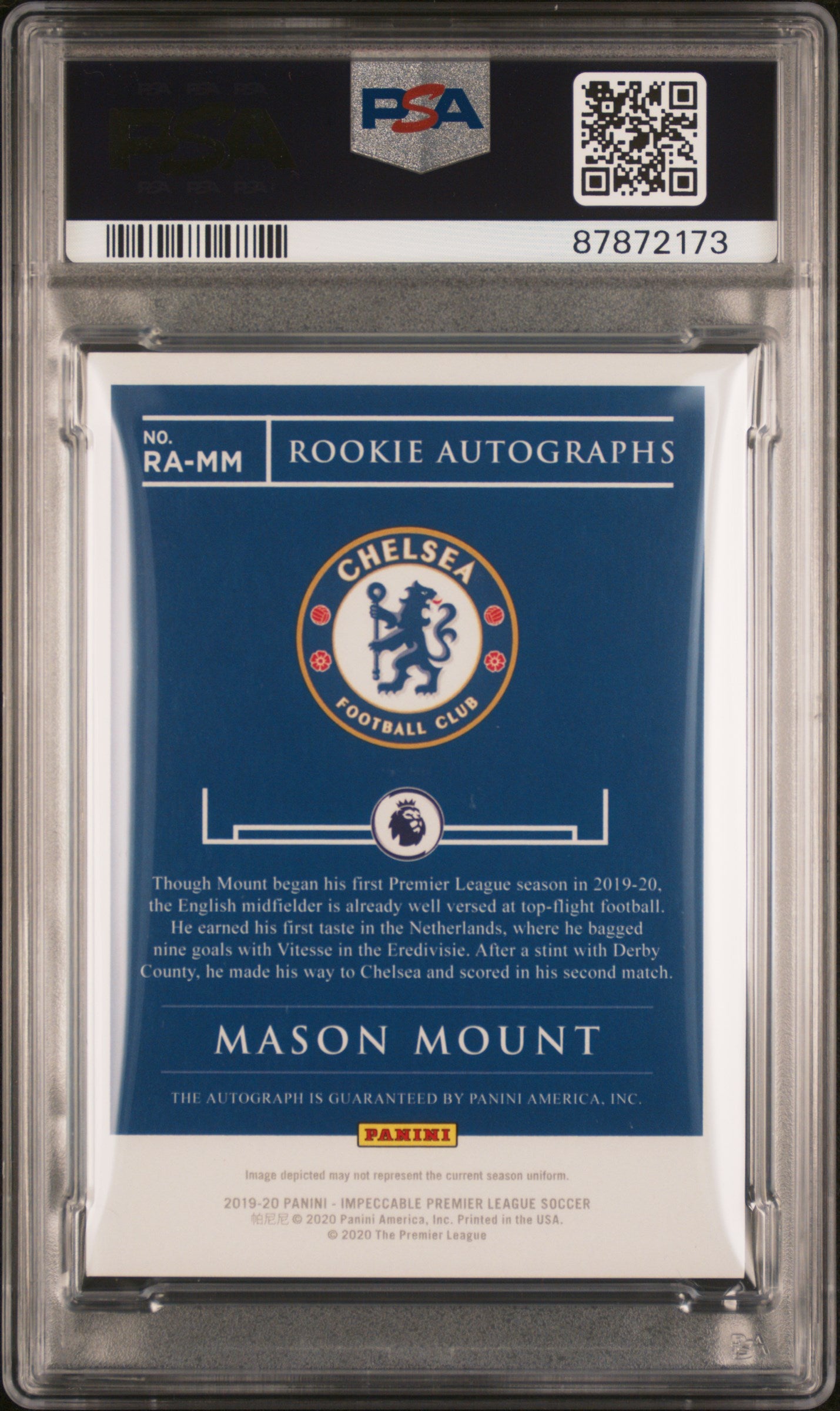 2019 Panini Impeccable Premier League #5 Mason Mount Rookie Autograph /99 PSA 8