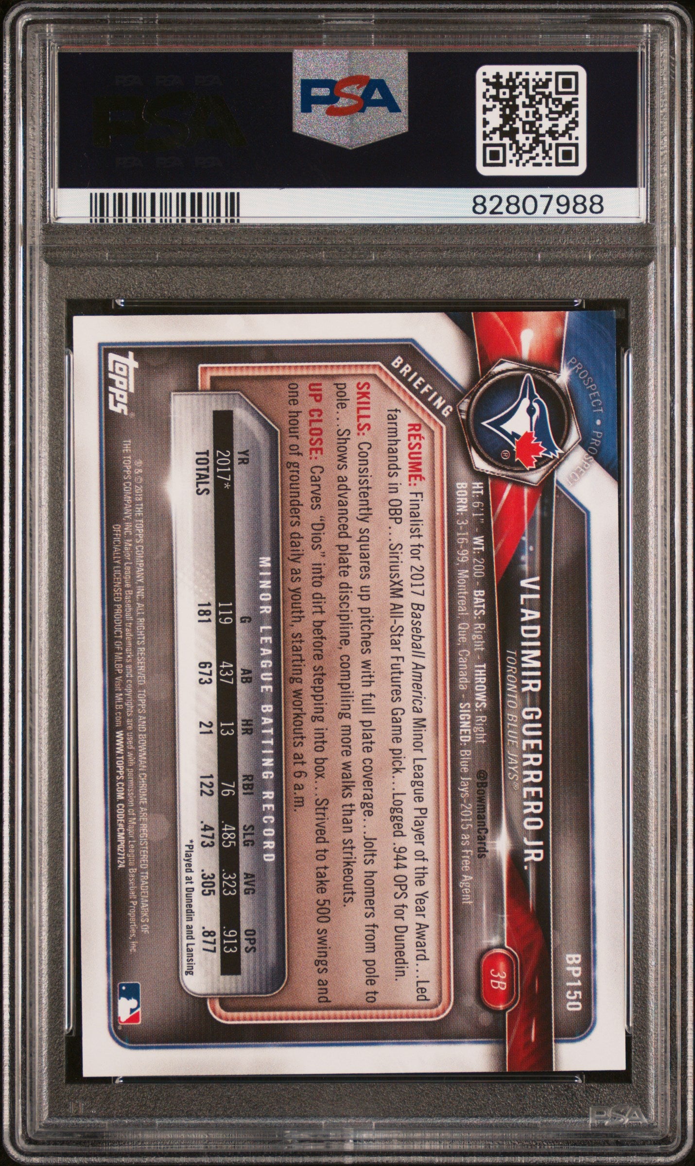 2018 Bowman Blue Vladimir Guerrero Jr. #BP150 Rookie /150 PSA 10