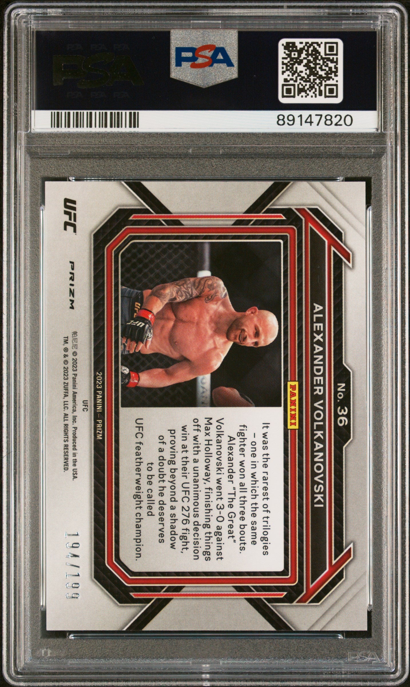 2023 Panini Prizm UFC Red Prizm Alexander Volkanovski /199 #36 PSA 9