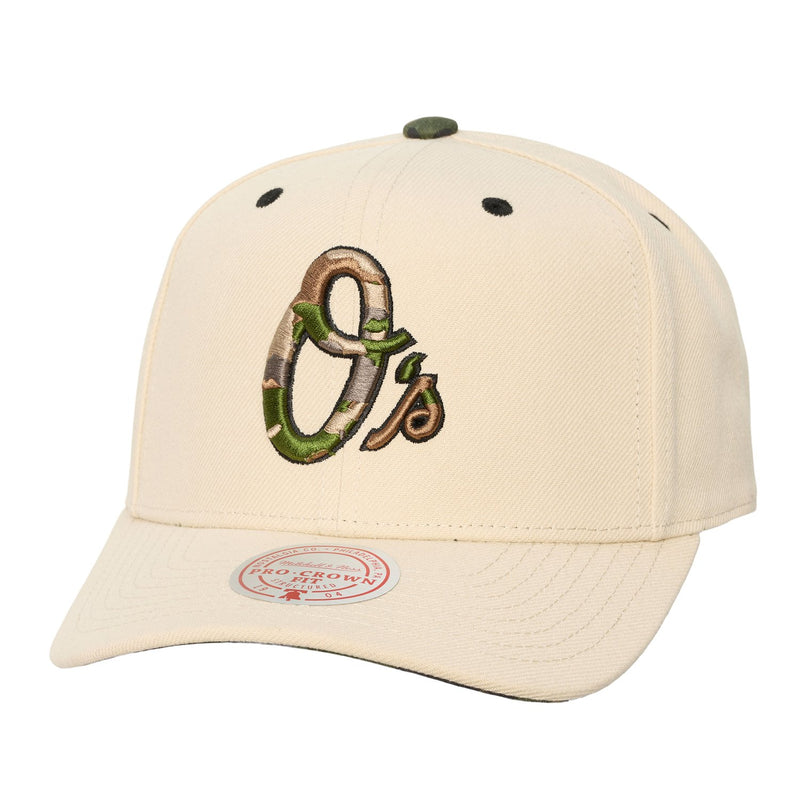Baltimore Orioles Mitchell & Ness Unisex Camo Logo Pro Crown Snapback Hat - Cream