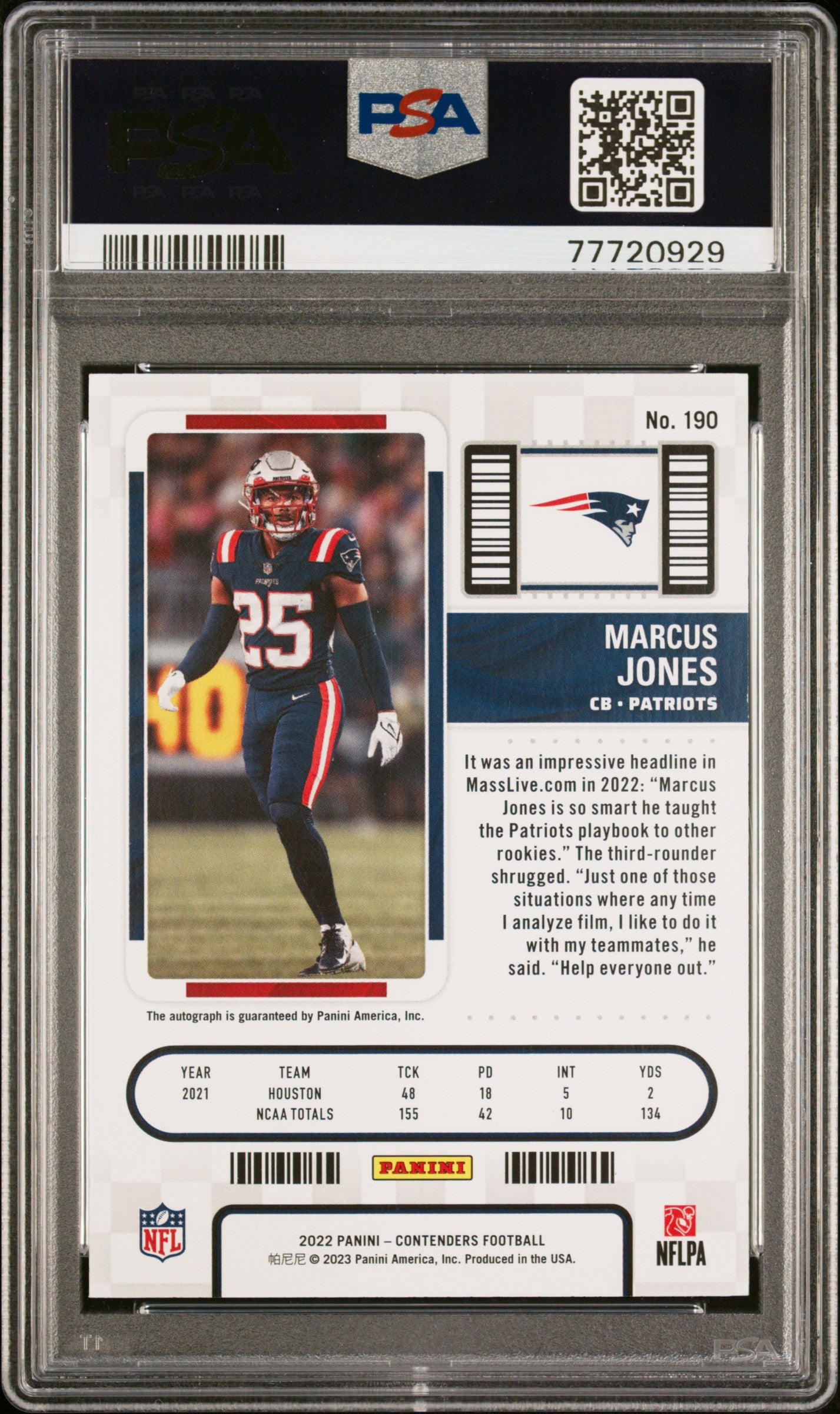 2022 Panini Contenders #190 Marcus Jones Autograph PSA 9