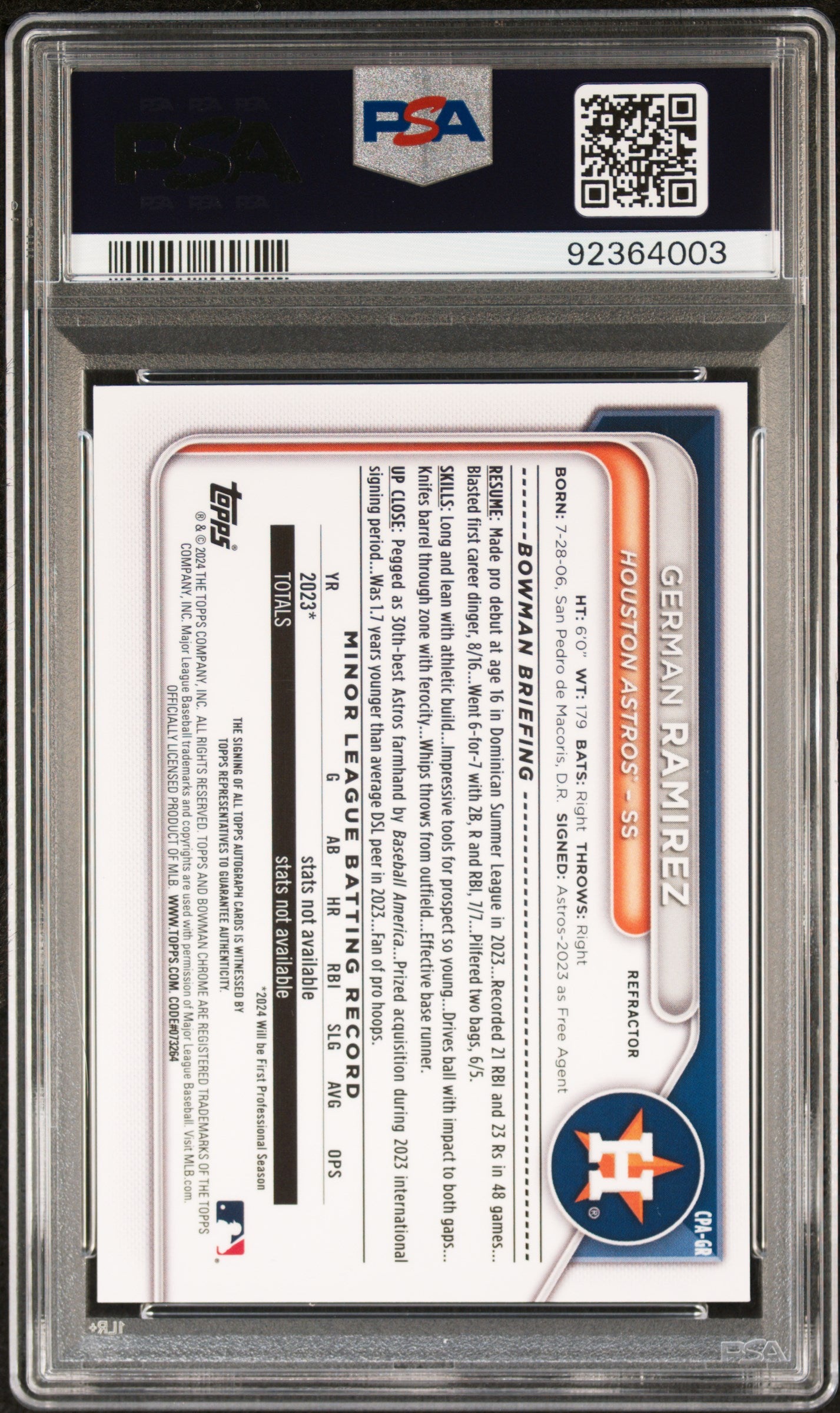 2024 Bowman Chrome Prospect Autographs #CPAGR German Ramirez Chrome Prspct Au-Refractor PSA 10