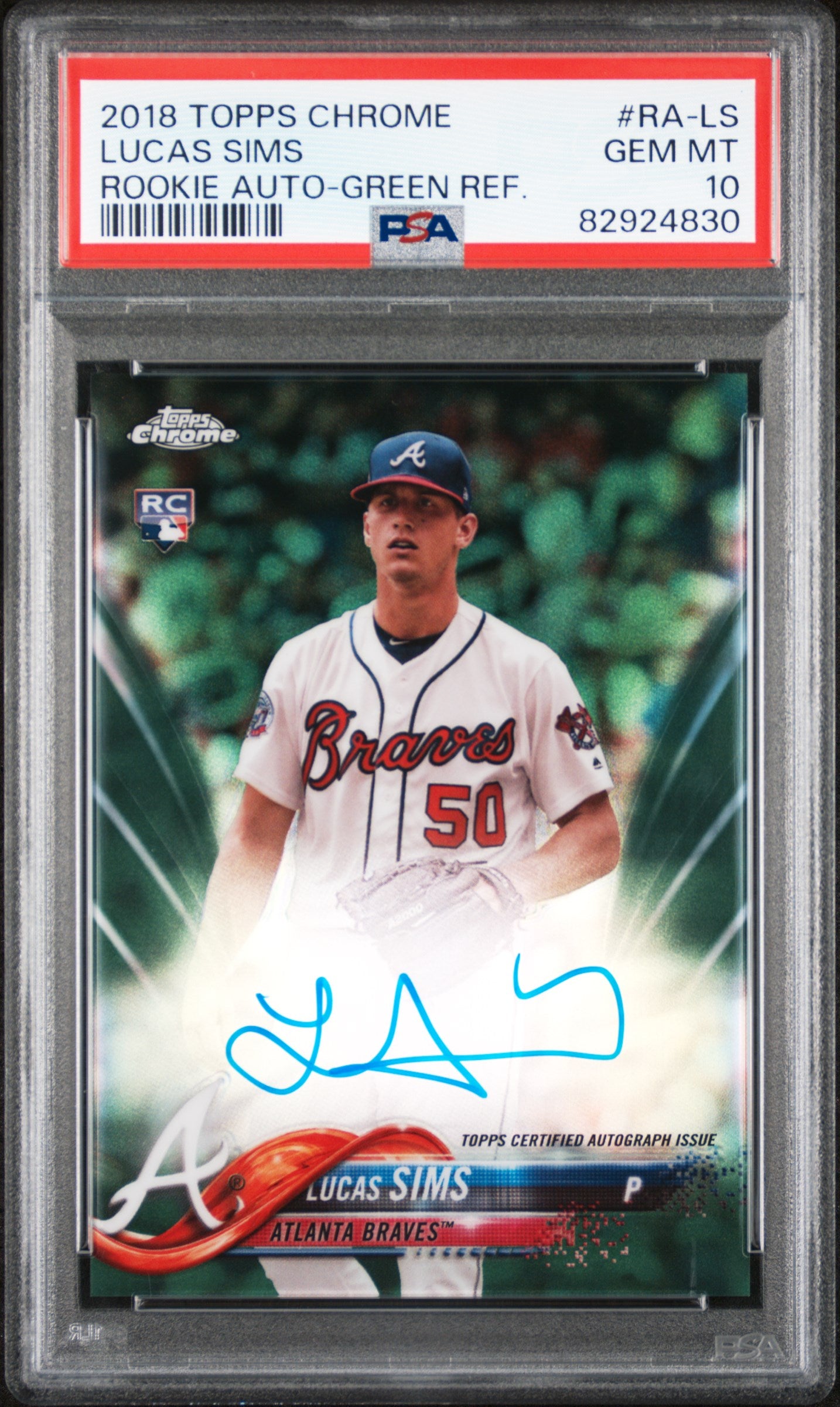 2018 Topps Chrome Green Refractor Lucas Sims #RA-LS RC Auto /99 PSA 10