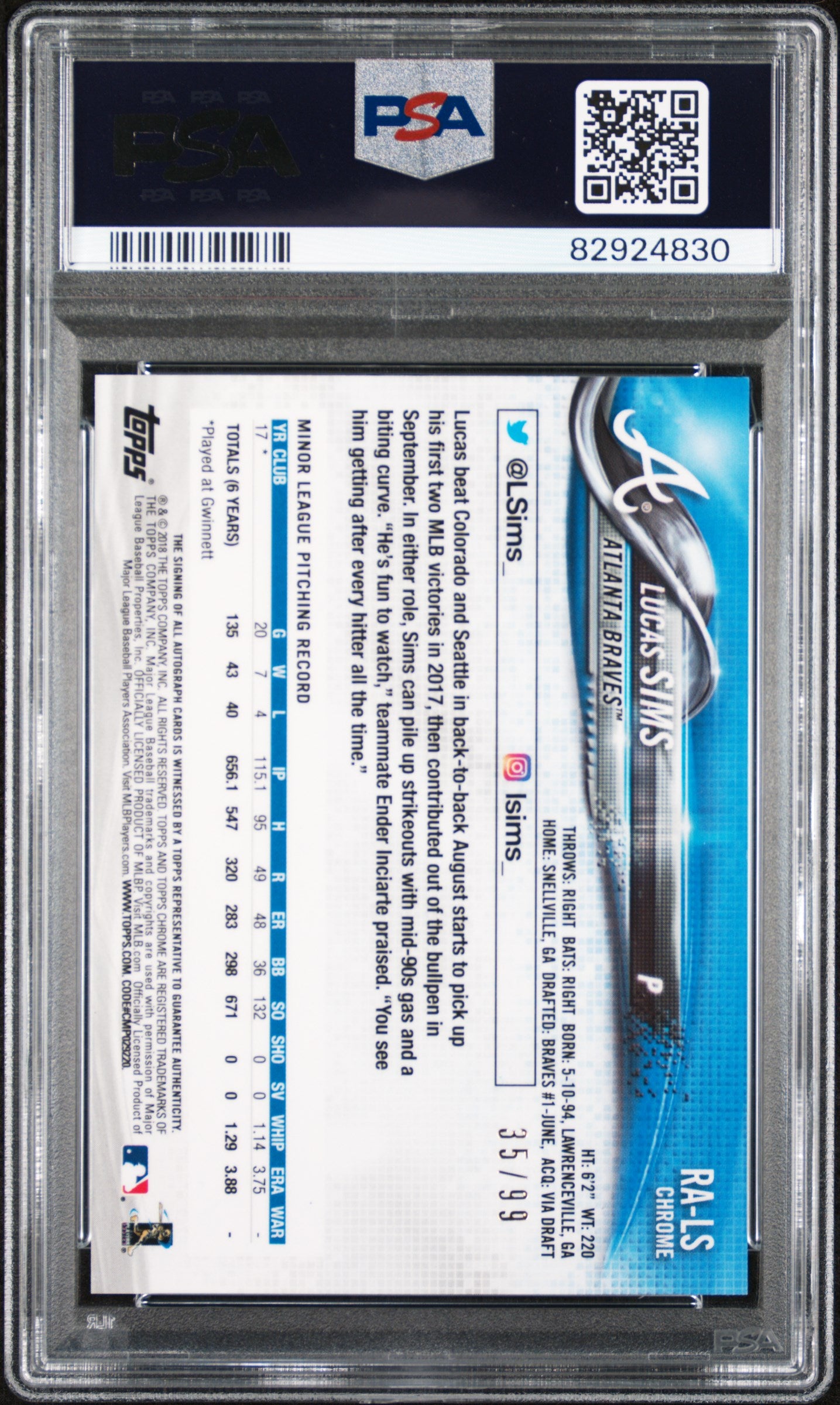 2018 Topps Chrome Green Refractor Lucas Sims #RA-LS RC Auto /99 PSA 10