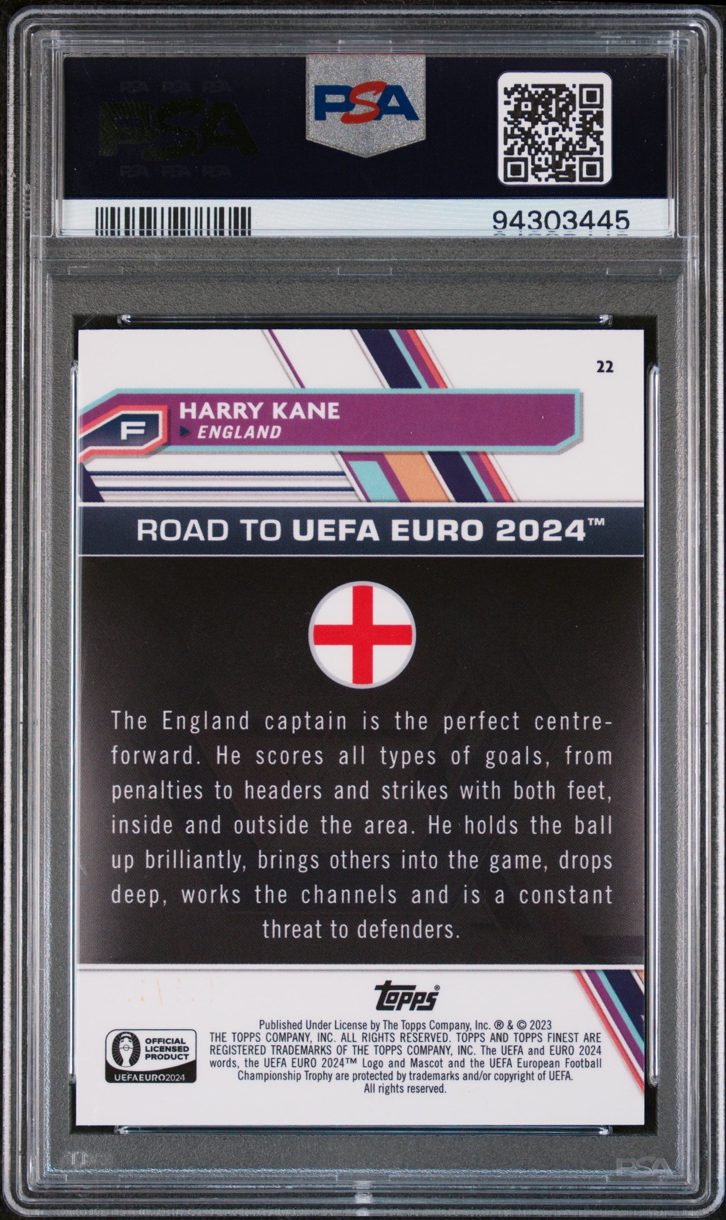 2023 Topps Finest Road To UEFA Euro 2024 Green Speckle Harry Kane /99 PSA 10