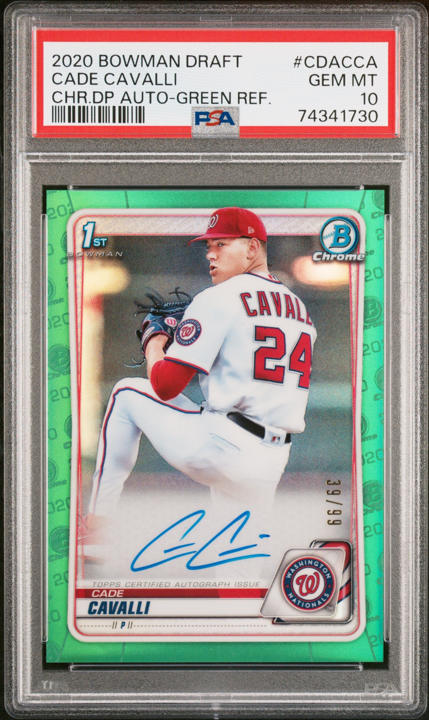 2020 Bowman Draft Chrome Auto Green Refractor Cade Cavalli /99 PSA 10