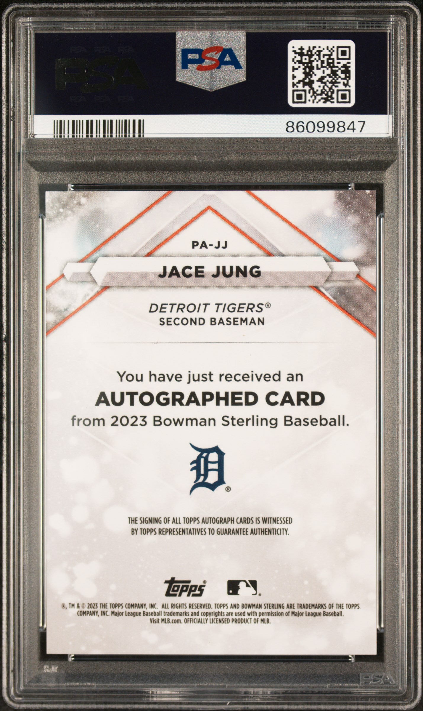 2023 Bowman Sterling Prospect Autographs Orange Jace Jung /75 PSA 8