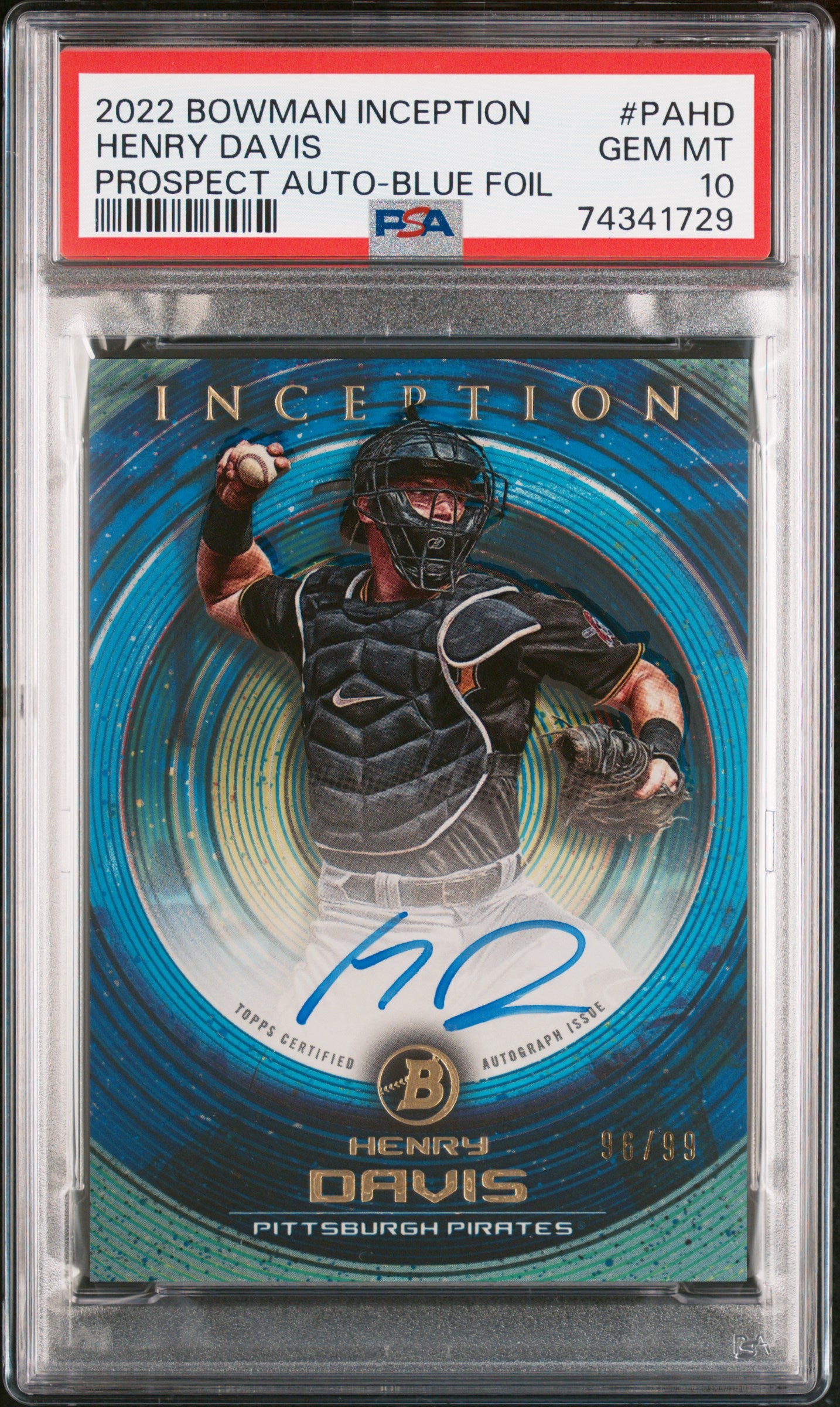 2022 Bowman Inception Prospect Autograph Blue Foil Henry Davis #PAHD /99 PSA 10