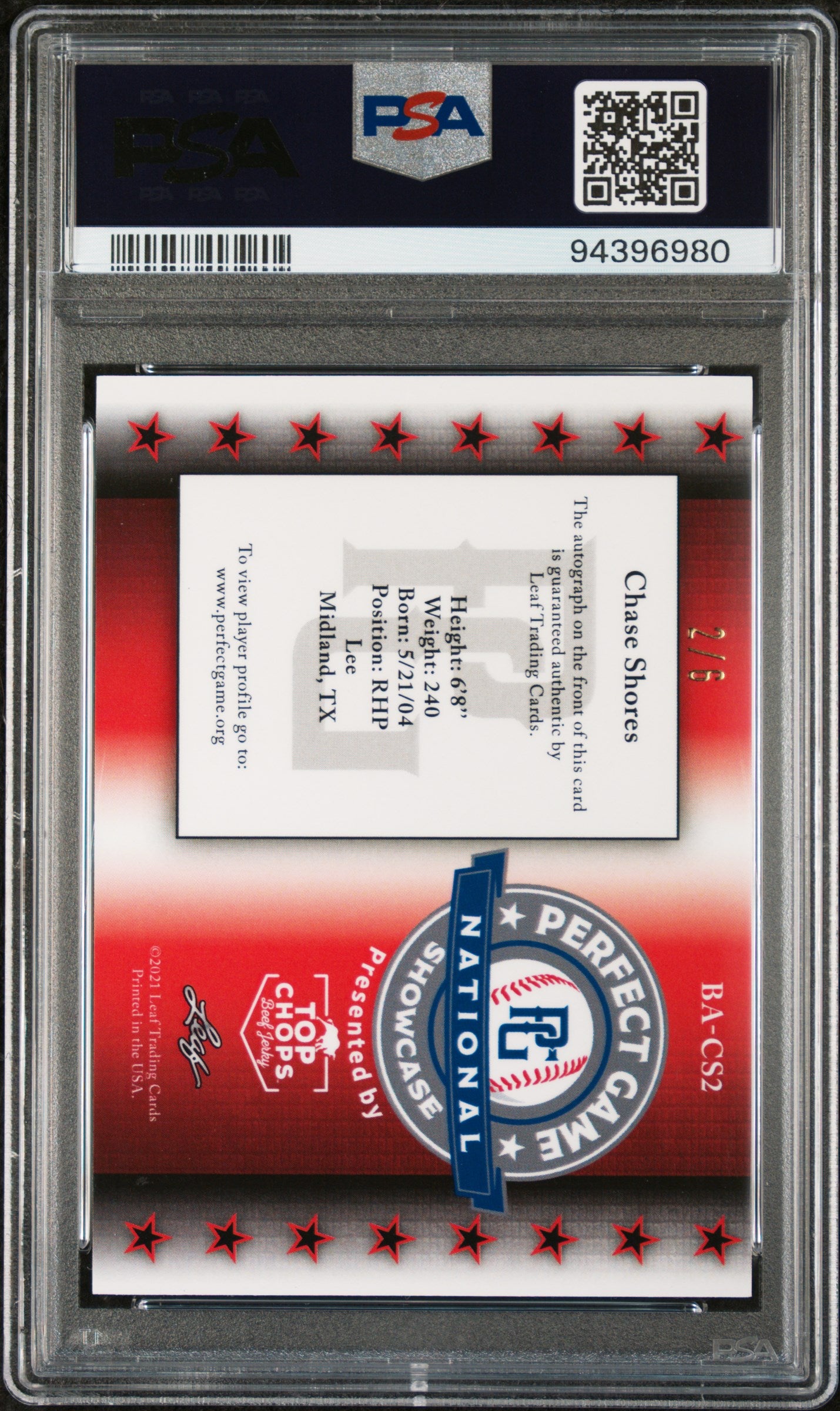 2021 Leaf Perfect Game National Showcase Metal Auto Pink Chase Shores /6 PSA 10