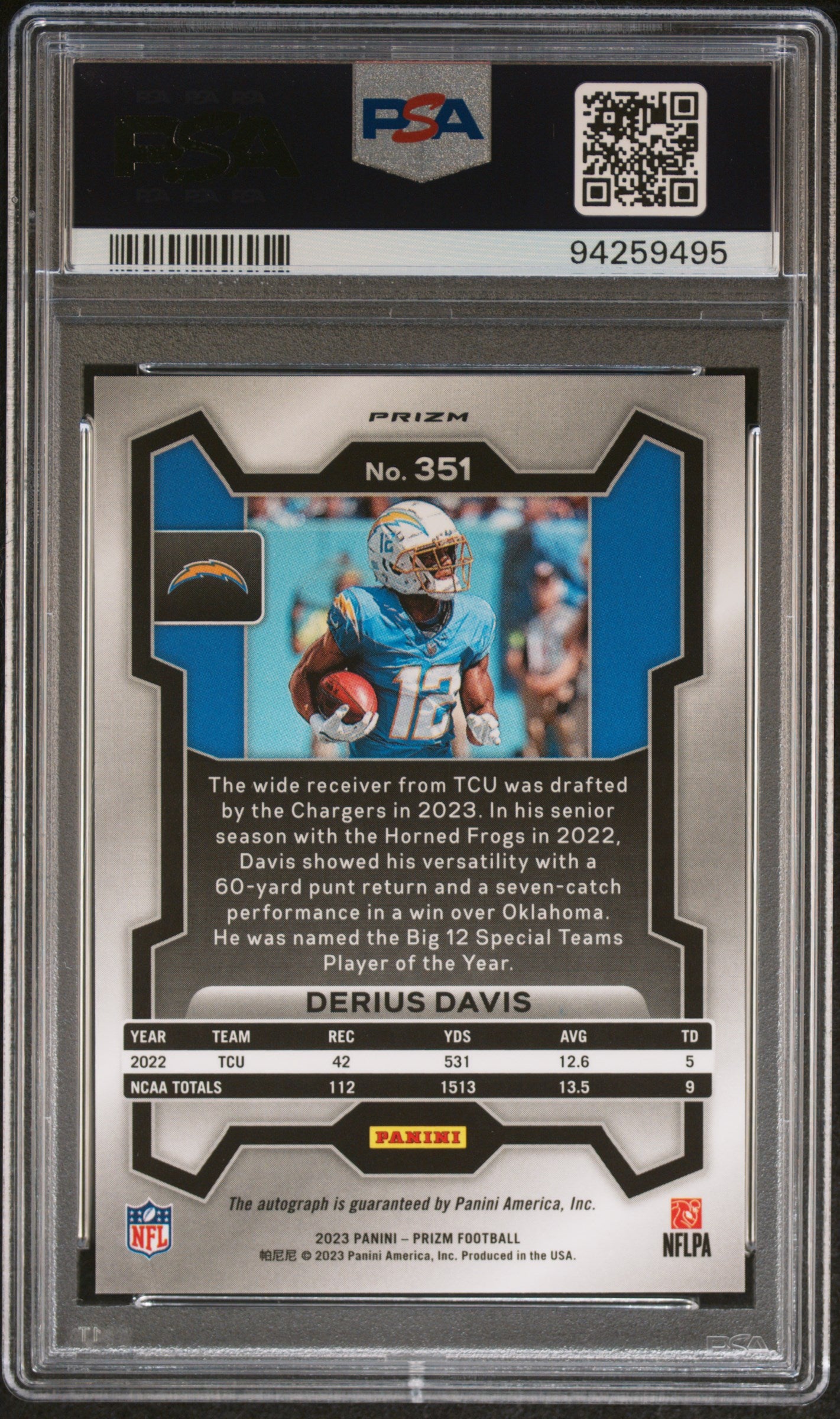 2023 Panini Prizm Autograph Derius Davis Silver Rookie RC #351 PSA 10