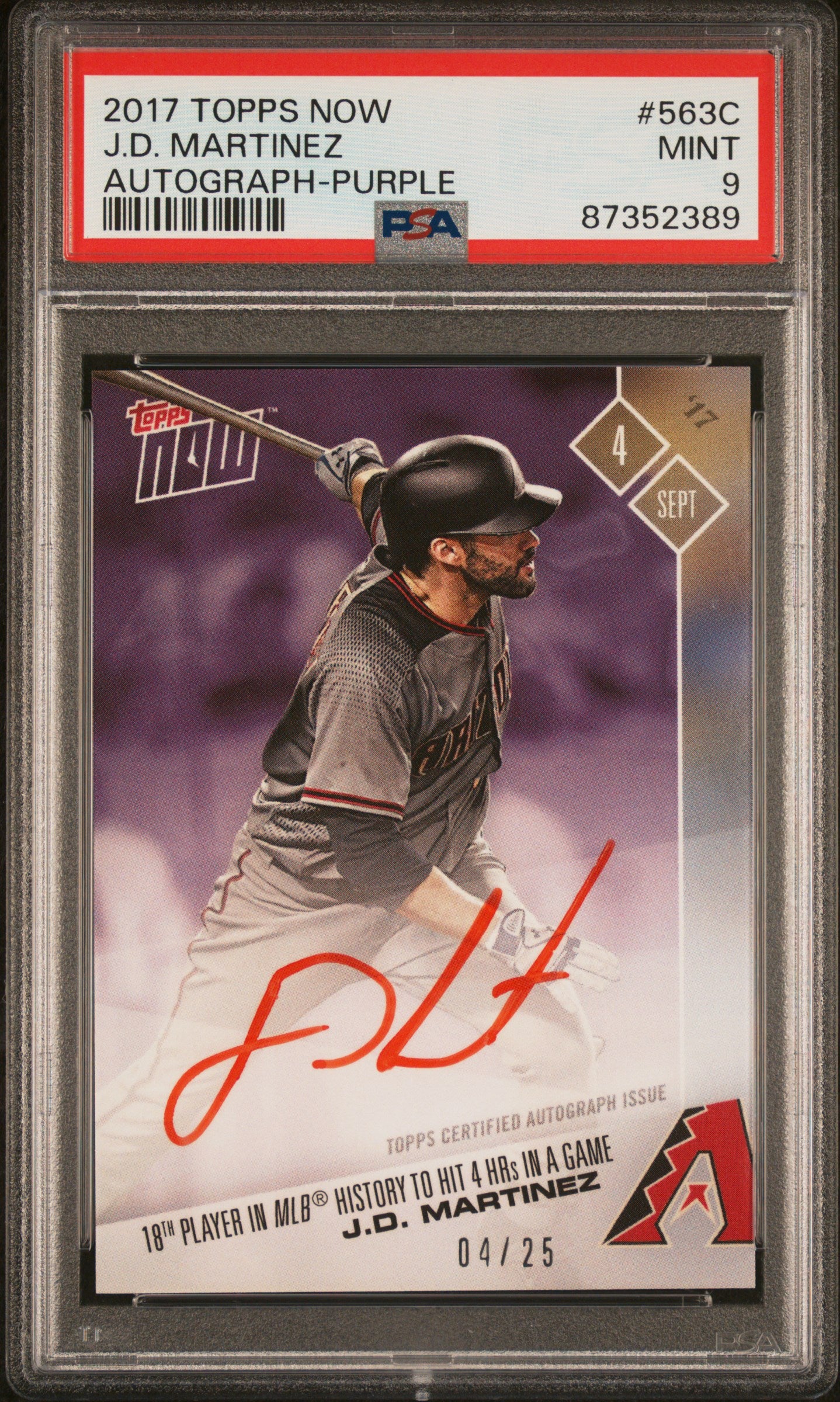 2017 Topps Now Autograph-Purple J.D. Martinez #563C /25 PSA 9