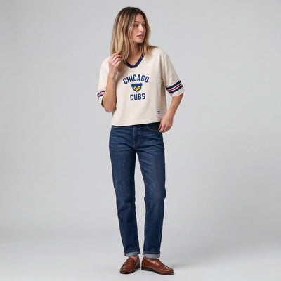 Mitchell & Ness Women's Chicago Cubs Cream Retro Roots Cropped Boxy Yoke T-Shirt