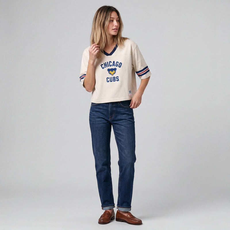 Mitchell & Ness Women's Chicago Cubs Cream Retro Roots Cropped Boxy Yoke T-Shirt
