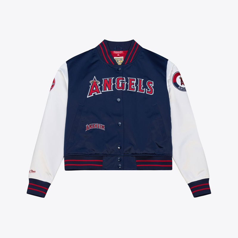 Mitchell & Ness Women's Los Angeles Angels Navy Double Clutch Cropped Satin Full-Snap Jacket