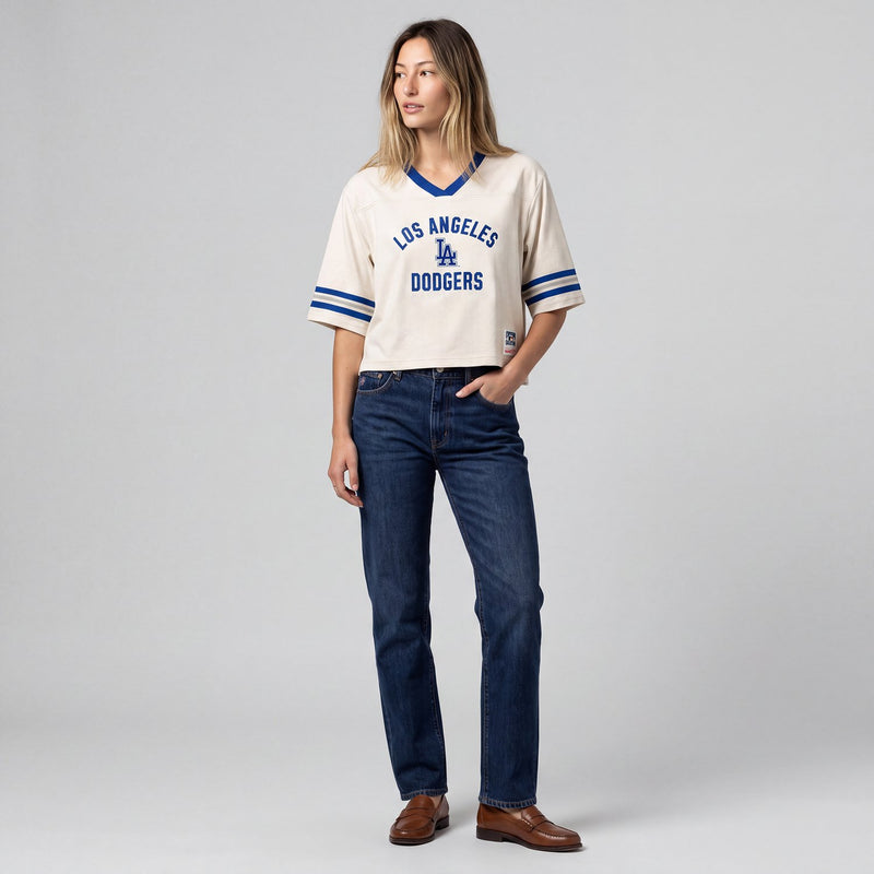 Los Angeles Dodgers Mitchell & Ness Women's Retro Roots Hardwood Classics Cropped Boxy Yoke V-Neck T-Shirt - Cream