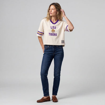LSU Tigers Mitchell & Ness Women's Retro Roots Crop Boxy Yoke T-Shirt - Cream