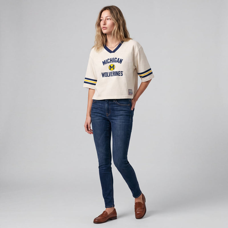Michigan Wolverines Mitchell & Ness Women's Retro Roots Crop Boxy Yoke T-Shirt - Cream