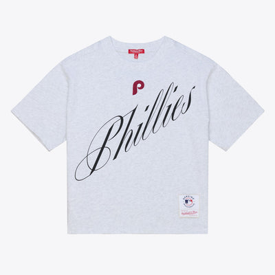 Philadelphia Phillies Mitchell & Ness Women's Script Cropped Boxy T-Shirt - Heather Gray