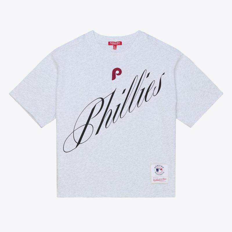Philadelphia Phillies Mitchell & Ness Women's Script Cropped Boxy T-Shirt - Heather Gray