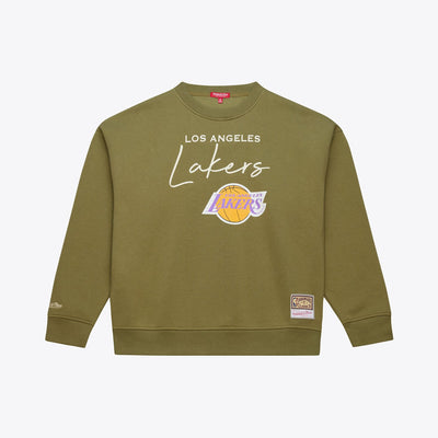 Los Angeles Lakers Mitchell & Ness Women's Lightweight Script Sweatshirt - Olive