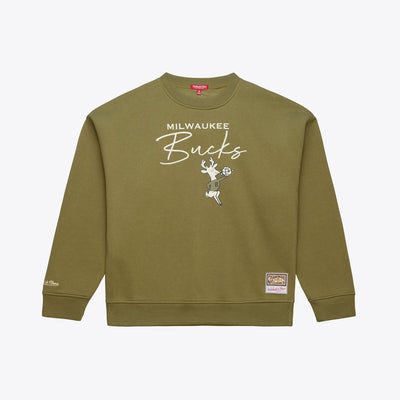 Milwaukee Bucks Mitchell & Ness Women's Lightweight Script Sweatshirt - Olive