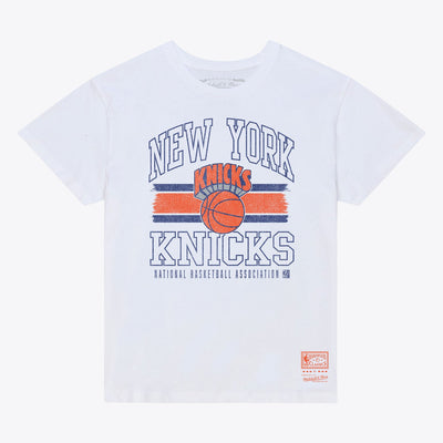 Mitchell & Ness Women's New York Knicks White Striped Logo Boxy T-Shirt