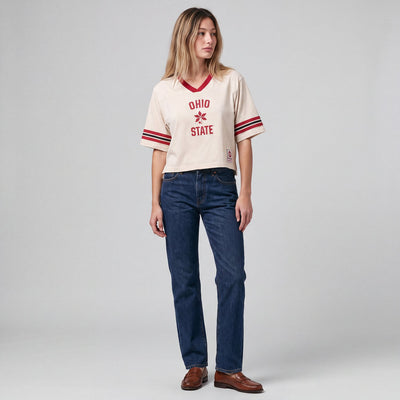 Mitchell & Ness Women's Ohio State Buckeyes Cream Retro Roots Cropped Boxy Yoke T-Shirt