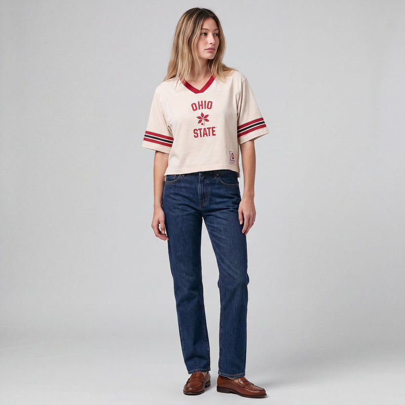 Mitchell & Ness Women's Ohio State Buckeyes Cream Retro Roots Cropped Boxy Yoke T-Shirt