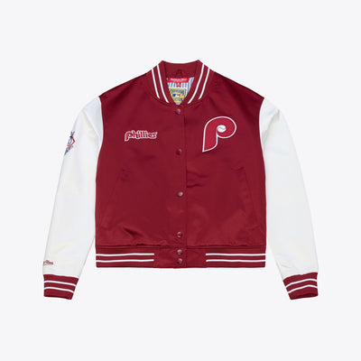 Mitchell & Ness Women's Philadelphia Phillies Burgundy Satin Floral Cropped Full-Snap Jacket