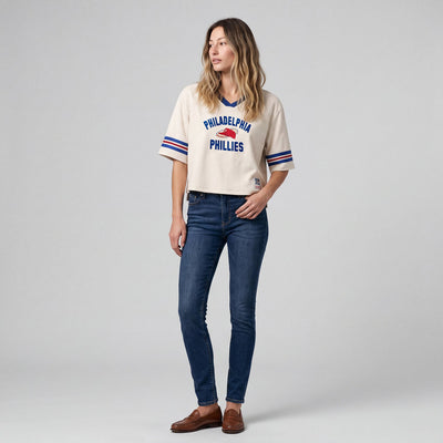 Mitchell & Ness Women's Philadelphia Phillies Cream Retro Roots Cropped Boxy Yoke T-Shirt